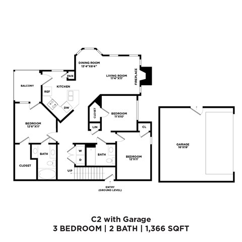 A black and white image of a floor plan for a C2 with Garage.